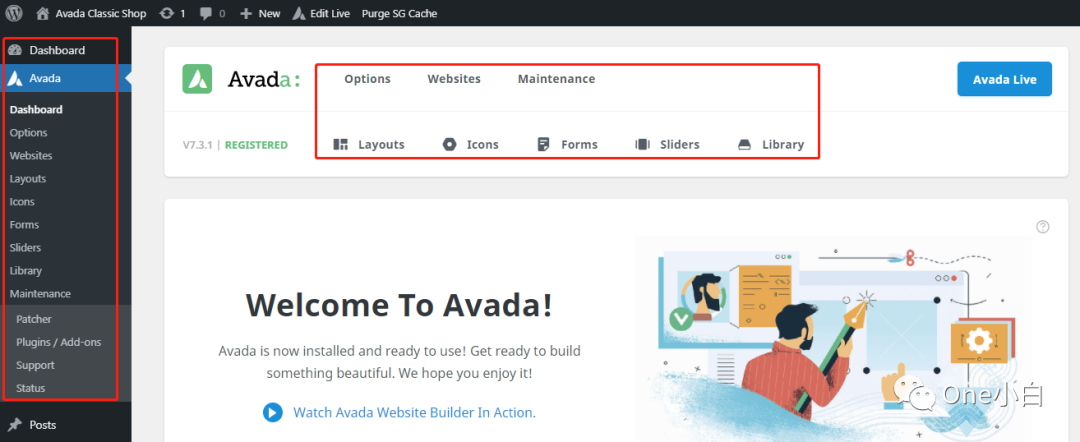 Avada主题后台操作界面及功能菜单用途概览