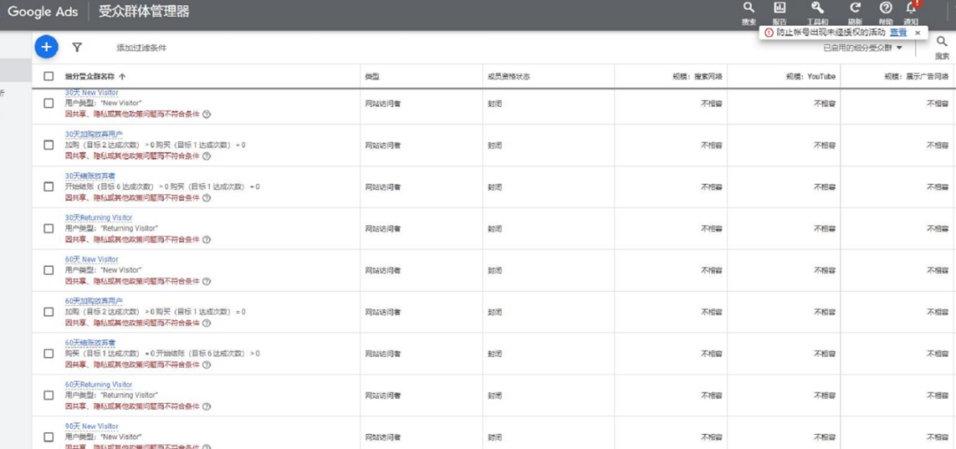 【Google Ads专栏】受众因政策，隐私或其它政策问题而不符合条件如何解决？