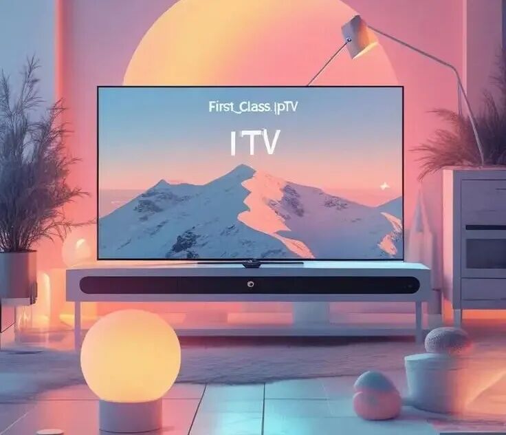 This may contain: a flat screen tv sitting on top of a table next to lamps and vases